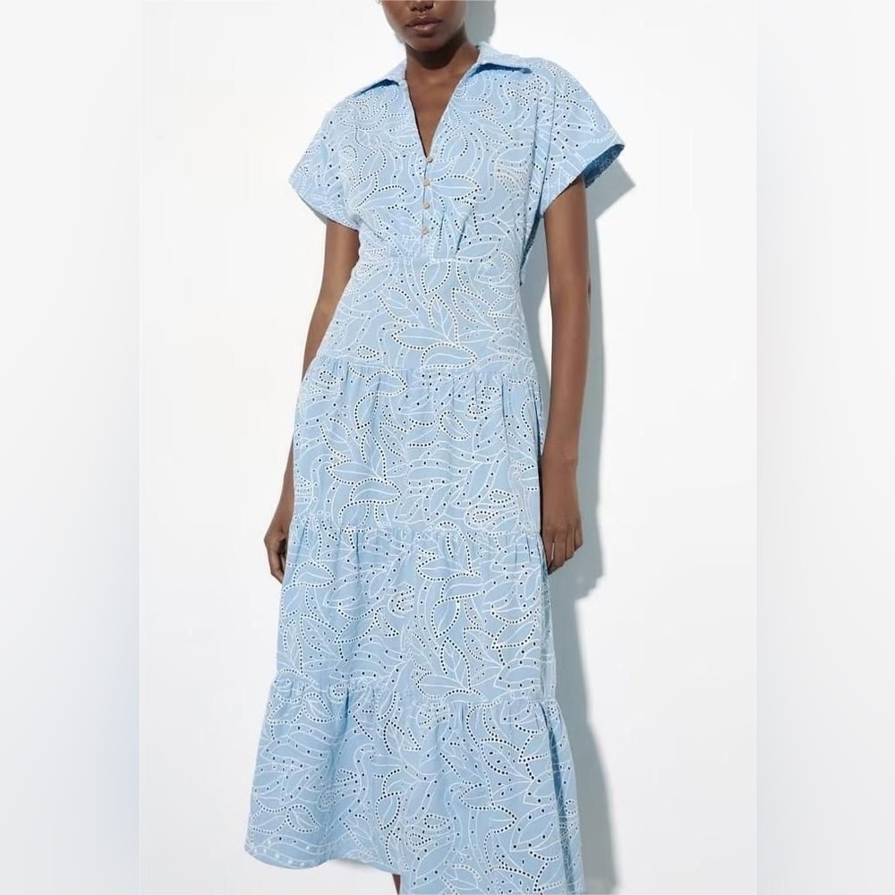 Zara Blue Pleated Buttoned Maxi Sundress